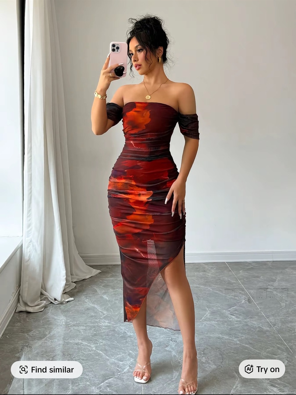 Off-Shoulder Ruched Midi Dress in Dark Red Floral